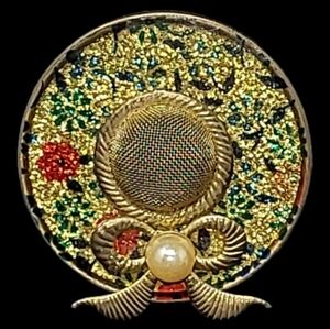 VINTAGE GLITTER ENAMEL MESH HAT BROOCH WITH BOW AND PEARL